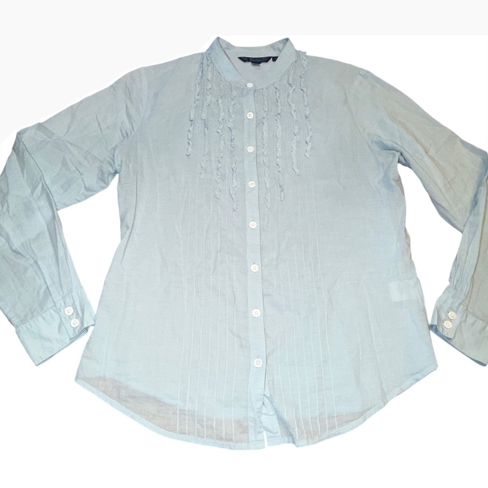 Boden Cotton Blue Ruffle Pintuck Button Front Blouse UK 14 US Size 10 Preppy